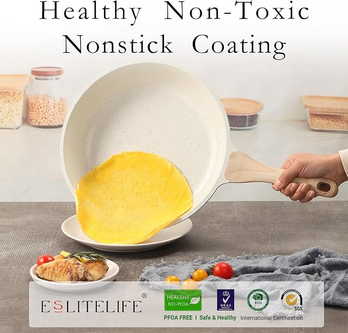 ESLITE LIFE Nonstick Ceramic Frying Pan Skillet, Non-Toxic Egg Omelette Kitchen Cooking Pans Compatible with All Stovetops (Gas, Electric & Induction), PTFE & PFOA Free (White, 8'')