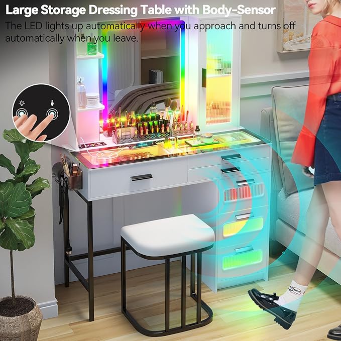HENBC Vanity with Mirror and LED Lights, Glass Top Vanity Desk with Charging Station(Wireless+USB+Type-C), RGB Makeup Table Set with Stool/Makeup Organizer/6 Drawers (White)