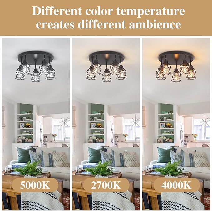 5-Lights Kitchen Light Fixtures Ceiling Mount, Adjustable Multi-Directional Black Flush Mount Ceiling Light, Retro Metal Cage Farmhouse Close to Ceiling Light Fixture for Hallway Dining Room Entryway