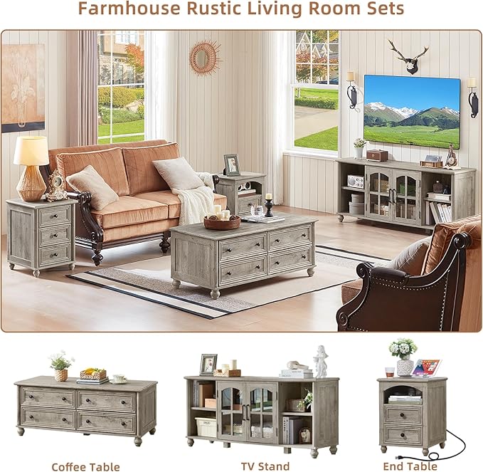 Farmhouse TV Stand for 60 Inch TV, Wood Entertainment Center with Glass Door Storage Cabinet & Adjustable Shelves,Television Stands for 65" TVS, Grey TV Console Table for Living Room,Bedroom