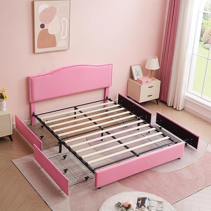 VECELO Queen Bed Frame, Platform Bed Frame with Underbed Storage Drawers and Adjustable Height Upholstered Headboard, Heavy-Duty Frame and Strong Wooden Slats Support, Noise-Free, Easy Assembly, Pink