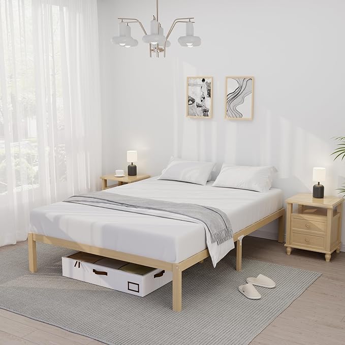 14 Inch Bamboo Bed Frame – Queen Size Solid Wood Platform Bed Frame, Strong and Stable, with Non-Slip Slats for Support, No Box Spring Needed, Easy to Assemble, Noise-Free (Natural, Queen)