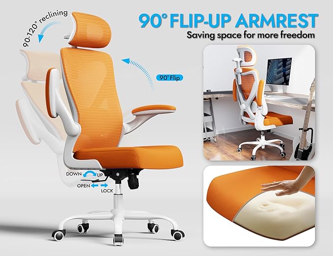 Ergonomic Office Chair - X-Shaped Computer Desk Chair Comfy, Gaming Chair, Office Chair with Lumbar Support, Mesh Office Chairs with Headrests, Desk Chair for Long Hours(White-Orange)