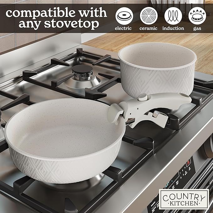 Country Kitchen Cookware Set with Removable Handle, Oven & RV Safe Pots and Pans Set, Cream Rhombus, Original