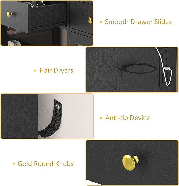 Vanity Desk with Mirror and Lights, Large Makeup Vanity Set with Power Outlet & RGB Glass Cabinet, 3 Drawers, Black Vanity Mirror with Lights Dressing Table for Girls Women, 3 Color Modes