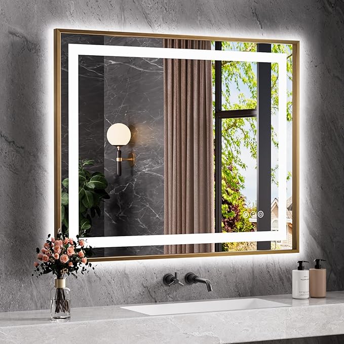 Amorho 44"X36" LED Bathroom Mirror Gold, Metal Framed Mirror with Front Light and Backlit, Stepless Dimmable, Anti-Fog, Shatter-Proof, Memory, 3 Colors