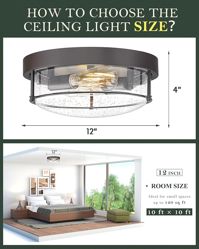 12-Inch Flush Mount Ceiling Light, Modern Farmhouse Style with Bubble Glass Shade, Oil Rubbed Bronze Finish, Ideal for Living Room, Bedroom, or Dining Room – Model CKCL4822-2W-SGORB