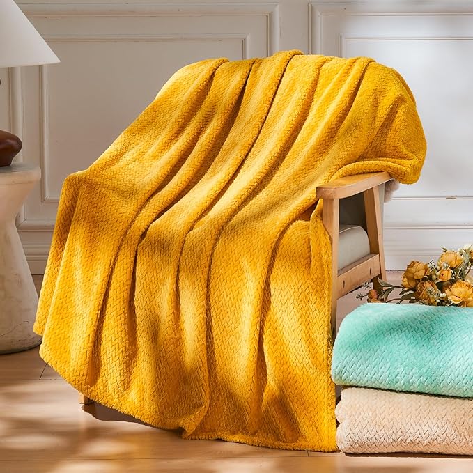 NEWCOSPLAY Super Soft King Blanket Mustard Yellow Premium Silky Flannel Fleece Leaves Pattern Lightweight Bed Blanket All Season Use (Mustard Yellow, King(90"x110"))