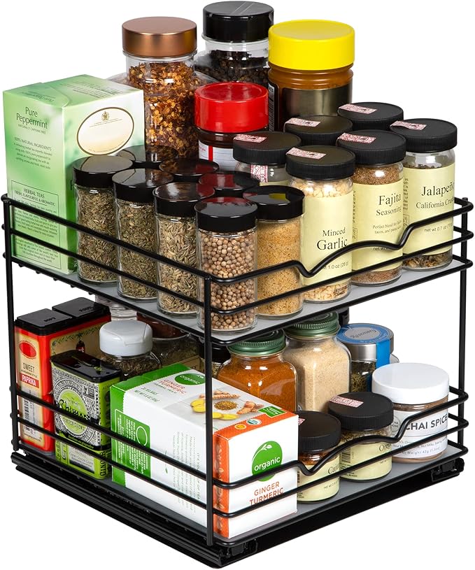 Pull Out Cabinet Organizer for Spices, Cans - Heavy Duty with Lifetime Limited Warranty- Pull Out Spice Rack- Cabinet Pull Out Shelf for Cans,Dishes, Etc, 20-3/8"Wx 10-1/2"D x 2-3/4” H, Black