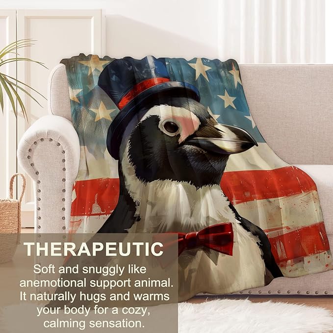 Penguin Blanket for Women, Boys, Girls - Flannel American Flag Throw for Sofa, Couch, Bed, Living Room - Soft Warm Cozy Decor 60" x 50"