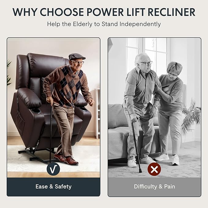 FLEXISPOT XL31 Power Lift Recliner Chair for Elderly, Electric Lift Chair with Massage & Heat, PU Leather Reclining Sofa w/Cup Holders, Side Pockets for Living Room Bedroom(Medium Size,Brown)