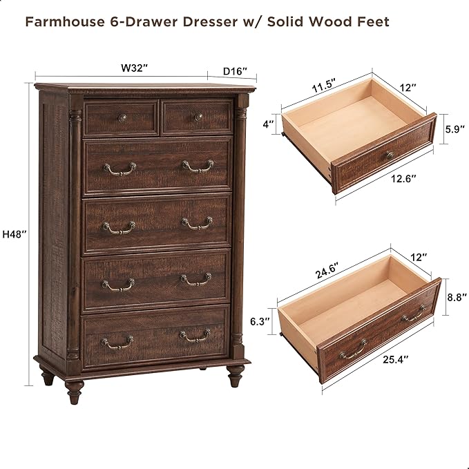 T4TREAM Farmhouse 6 Drawers Dresser Chests for Bedroom w/4 Solid Wood Feet & Column Decor, Tall Wood Country Rustic Chest of Drawers, Storage Dressers for Bedroom, Living Room,Reclaimed Barnwood Color