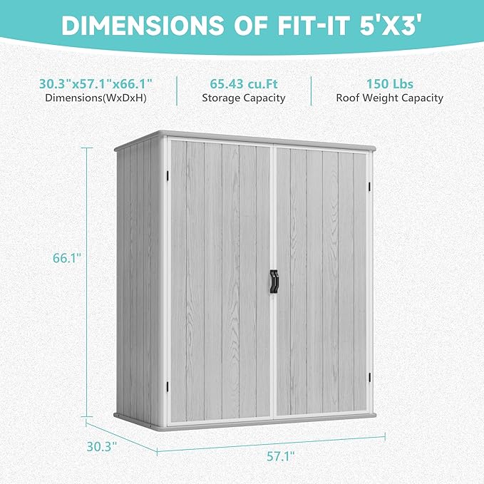 Greesum 5×3FT Plastic Outdoor Storage Shed with Floor, Resin Storaged Sheds with Lockable Door, Window & Vent, All-Weather Tool Sheds for Garden, Backyard, Patio, Light Gray (4.7×2.5FT)