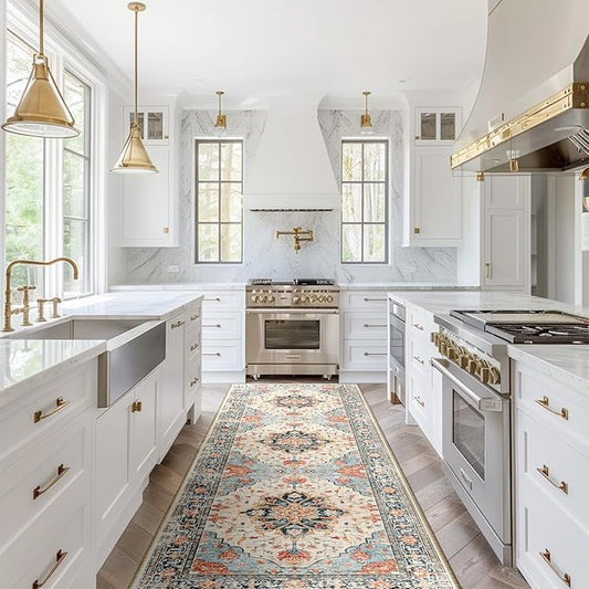 Area Rugs 2'x8' Washable Non-Slip, Floral Vintage Distress Print Pattern Medallion Carpet for Living Room Bedroom Dining Room, Beige Navy Blue Orange Colorful