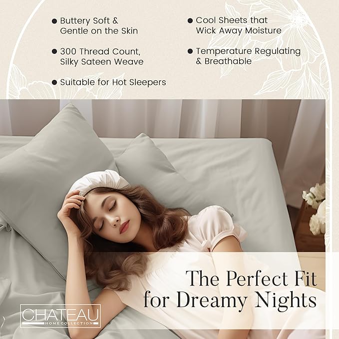 100% Cotton Sheets California King Size Sheets Set, Cal King Sheet Set, 300 Thread Count Sateen Weave Luxury Hotel Sheets, Naturally Cool Long Staple Organic Cotton, No Pilling & Shrink - Silver