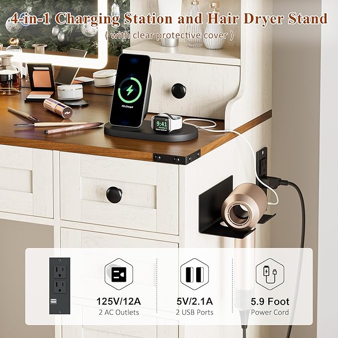 KAMABOKO Farmhouse Vanity Desk with Mirror and Lights, Large Makeup Vanity with 6 Drawers and 4 Storage Cabinets, 3 LED Lights Modes, White Dressing Table Set for Girls Bedroom