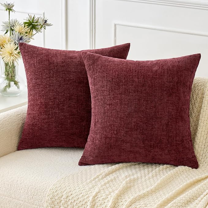 MIULEE Pack of 2 Couch Throw Pillow Covers 16x16 Inch Soft Wine Red Chenille Pillow Covers for Sofa Living Room Solid Dyed Pillow Cases