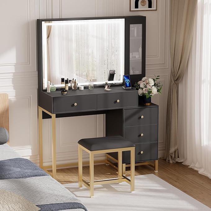Black Vanity Desk with Mirror and Lights, Makeup Table with Socket Dressing Table Set with Stool, 5 Drawers, Storage Cabinet and Hidden Storage Compartment for Bedroom Dressing Room