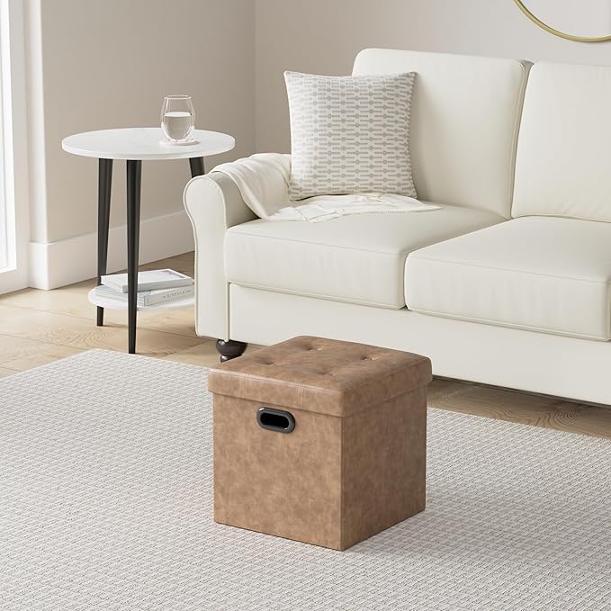 SONGMICS Mazie Collection - 15 Inches Ottoman with Storage, Footstool, Storage Ottoman with Metal Handles, Load 660 lb, for Dorm, Living Room, Bedroom, Synthetic Leather, Coffee Brown ULSF030K01