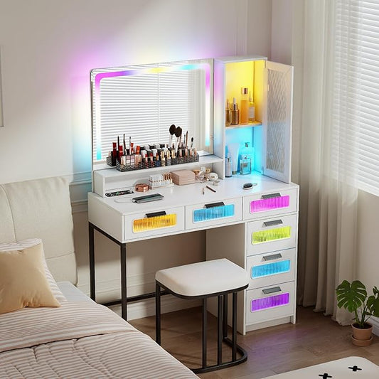 Vanity Desk with Mirror and RGB Lights, Makeup Vanity Desk with Wireless Charging Station,Large Dressing Table Set with Stool,LED Vanity Table with 6 Drawers/Cabinet/Shelves for Bedroom, White