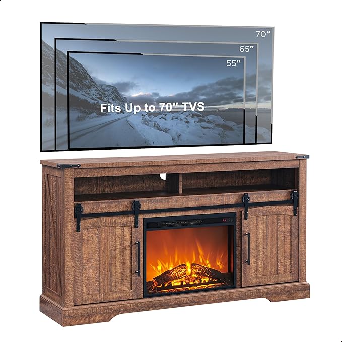 OKD Farmhouse Fireplace TV Stand for 70 Inch TV, 33" Tall Highboy Entertainment Center with 23" Electric Fireplace, Rustic Media Console w/Sliding Arched Door for Living Room,Reclaimed Barnwood