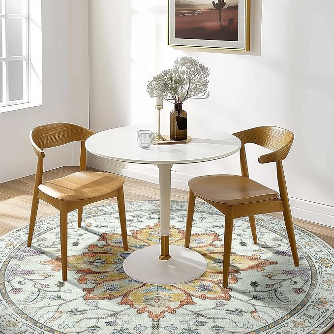 Area Rugs 6ft Washable Non-Slip, Floral Vintage Distress Print Pattern Medallion Carpet for Living Room Bedroom Dining Room, Light Yellow Carbon Grey Orange