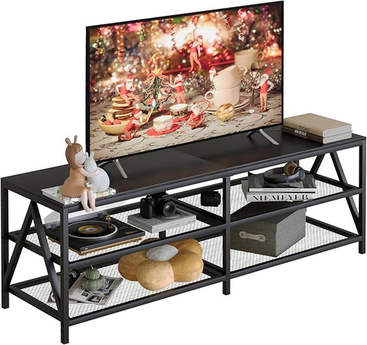 TV Stand for TVs up to 65 Inch, 55" Long Industrial TV Console Table with 3-Tier Storage Shelves, Entertainment Center for Living Room, Bedroom (Black)