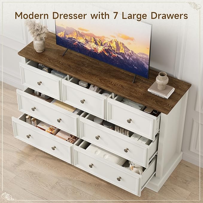 Farmhouse 7 Drawer Dresser for Bedroom, 55" Wide Wood Rustic Chest of Drawers for Bedroom, Storage Dressers Clothes Organizer for Closet, Living Room, Hallway, Dining Room(Vintage White)