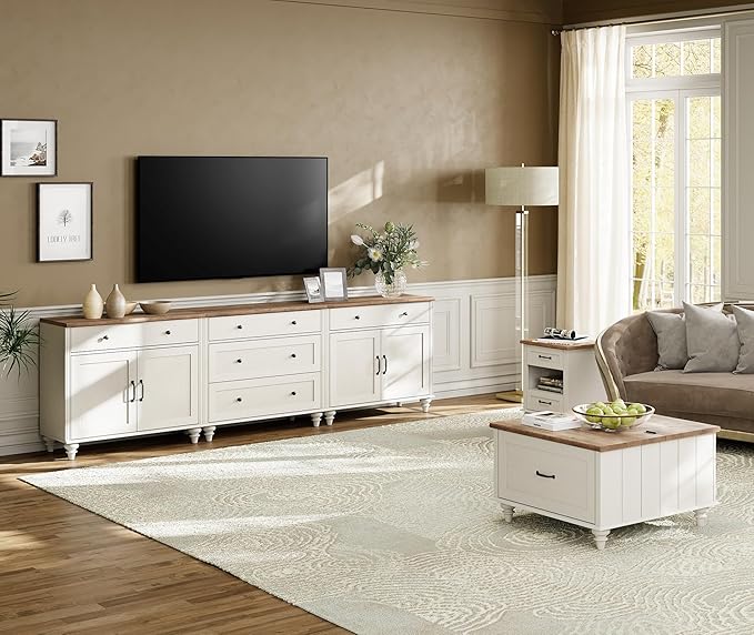 WAMPAT Farmhouse TV Stand for 100 Inch TV, 3-in-1 TV Console Table for 75/80/85/90 Inch TV, Entertainment Center with 5 Drawers and 4 Doors, Kitchen Sideboard Buffet Cabinet for Dining Room, White