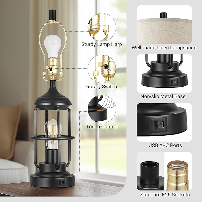 QiMH Table Lamp for Bedroom with USB A+C Ports, Farmhouse Bedside Lamp with Night Light, 3-Way Dimmable Touch Control, Rustic Industrial Nightstand Lamp for Living Room,Bulbs Included,Black, 1 Pack