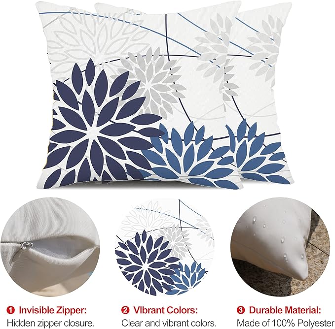 Blue Flower Pillow Covers 16x16 Inch Set of 2 Dark and Light Blue Colored Pillow Farmhouse Outdoor Waterproof Decor for Patio Funiture Garden Summer Floral Polyester Square Cushion Cover 01D16