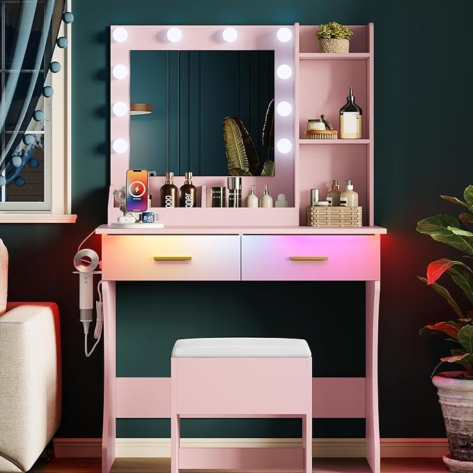 Makeup Vanity Desk with Mirror and Lights, Small Makeup Vanity Table Set with Drawers, Power Outlet & Storage Stool, White Vanity with 3 Lighting Modes LED for Women Girls Bedroom