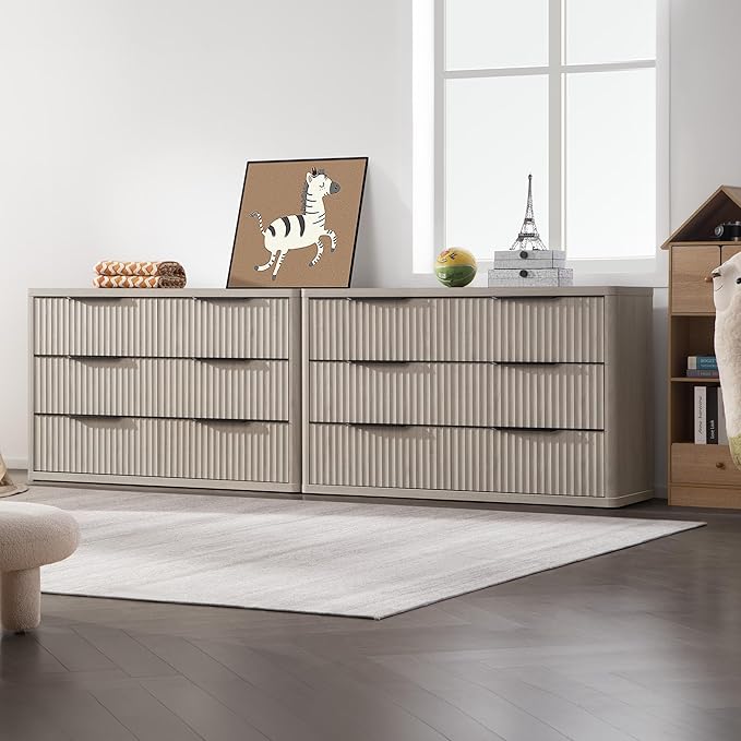 SICOTAS Dresser for Bedroom 6 Drawer Dressers & Chests of Drawers for Closet Long Large Modern TV Stand Set for Clothes Storage Fluted Wide Clothes Closet for Hallway Entryway (White Alder, 2 Pieces)