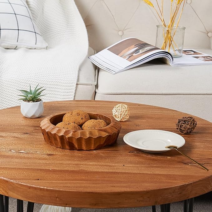 Teak Handcrafted Wooden Bowls Natural Wood Round Utility Bowl 7.9" W Handmade Rustic Serving Platter Fruit Snack Holder for Entry Table Vintage Artworks Dining Room Home Décor