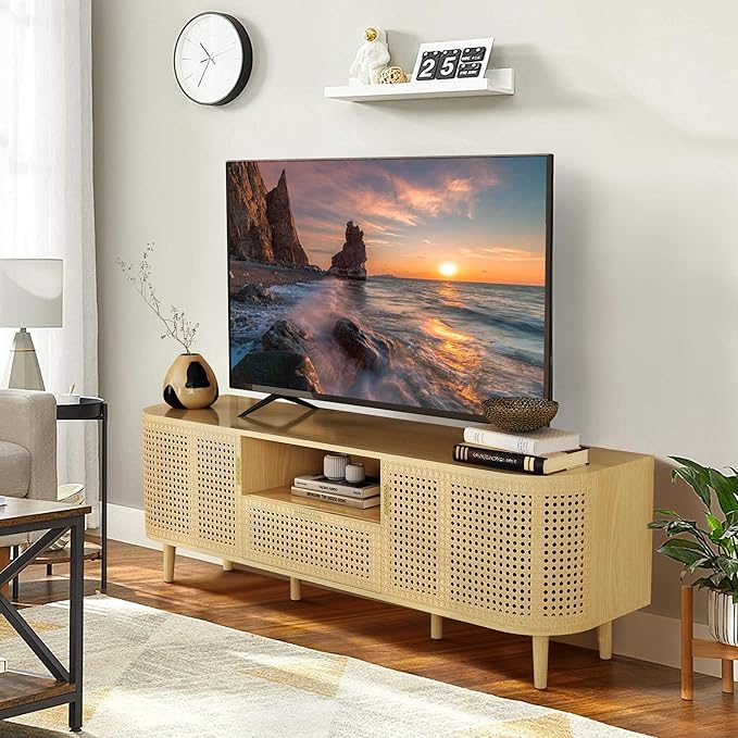 ORRD TV Stand for TVs Up to 65 Inch, Boho Wood Television Stands Media Entertainment Center Console Table with Curved Iron Rattan Doors and Drawer for Living Room - Natural