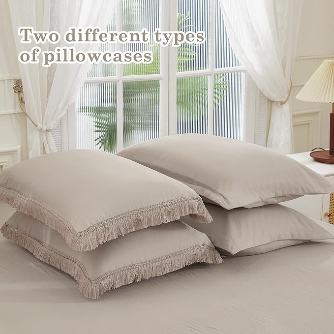 Andency Wheat Queen Size Comforter Set with Sheets - 7 Pieces Boho Tassel Bed in a Bag Soft Lightweight Bedding Sets, Wheat Fringe Bed Set with Comforter, Sheets, Pillowcases & Shams