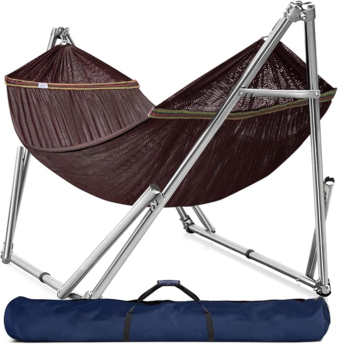 Tranquillo Double Hammock with Stand 650lb Capacity Double Hammock with Spreader Bar, Solid Grade 201 Stainless Steel 30s Set Up, Sturdy Flexible Hammock Stand Portable, Outdoor Indoor, Brown
