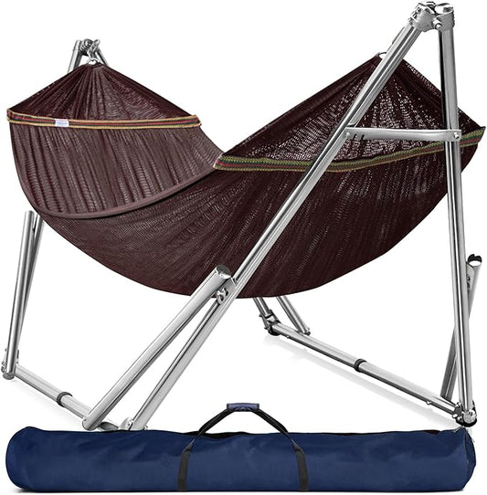 Tranquillo Double Hammock with Stand 650lb Capacity Double Hammock with Spreader Bar, Solid Grade 201 Stainless Steel 30s Set Up, Sturdy Flexible Hammock Stand Portable, Outdoor Indoor, Brown