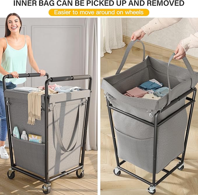 Laundry Basket with Wheels & Handles, 180L Laundry Cart with Removable Bag & Metal Frame for Clothes Storage, Laundry Room Organization Rolling Hamper with Wheels For Laundry, Dorm (Gray)