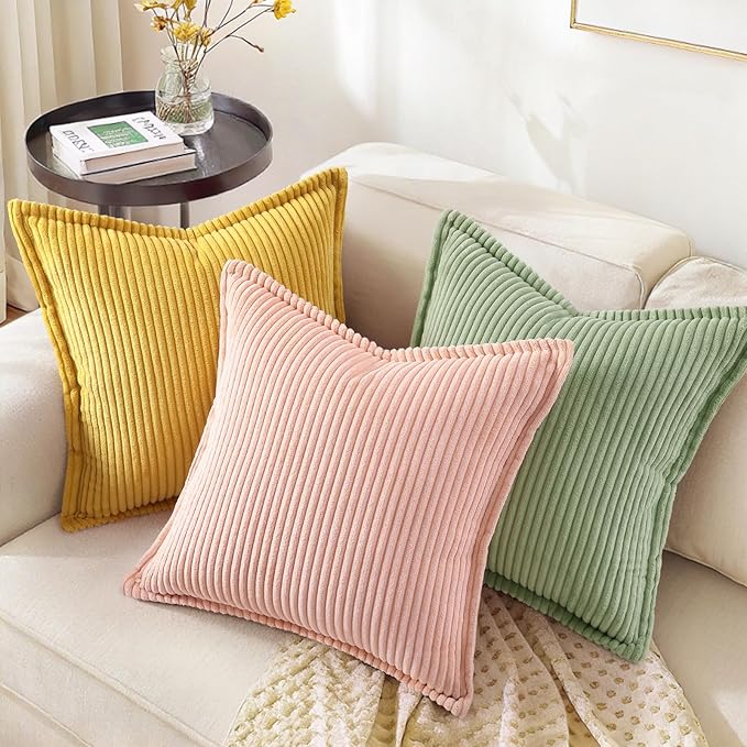 decorUhome Corduroy Pink Throw Pillow Covers 26x26 Set of 2 Decorative Soft Boho Striped Neutral Euro Farmhouse Couch Pillow Covers with Broadside for Living Room Bed Sofa
