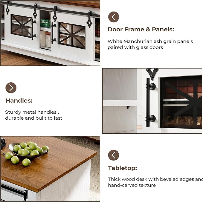 IRONCK 48'' Coffee Table with Sliding Barn Doors, Rustic Center Table with 6 Large Storage Space, Glass Doors and Adjustable Middle Shelf, Farmhouse Coffee Tables for Living Room, White