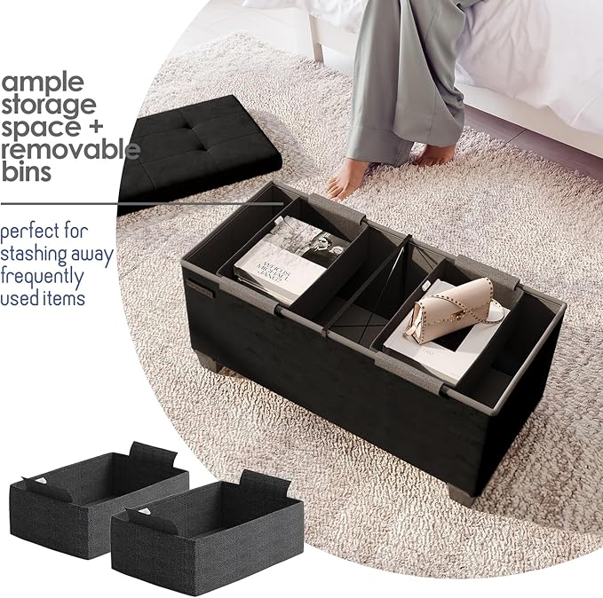 STORAGEBUD Storage Ottoman Bench with Bins, 30-in Storage Bench for Bedroom End of Bed, Folding Foot Rest Ottoman for Living Room Max 660lbs, Velvet Ottomans, Black