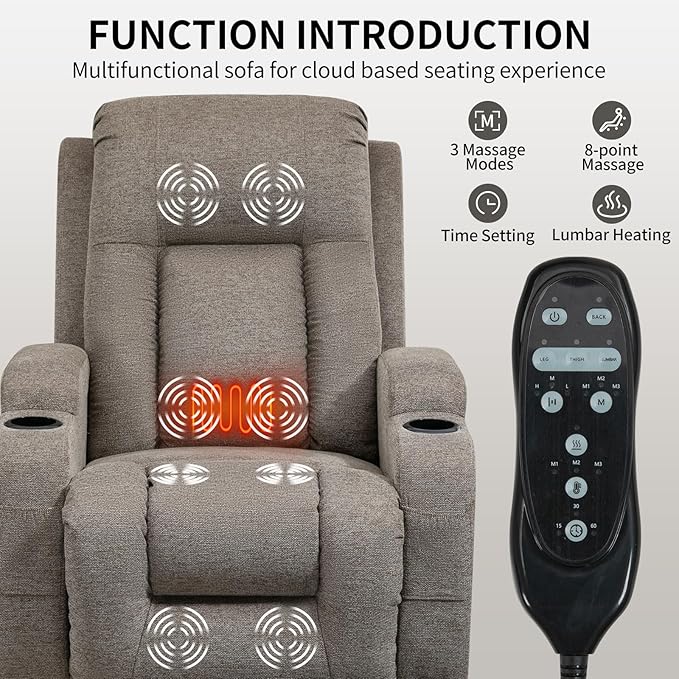 PELUMY Power Lift Recliner Chair for Elderly with Massage & Heat - Heavy Duty Electric Lift Chair, Oversized Recliner, Lay Flat, 8-Point Vibration, Lumbar Heating, USB Port, Cup Holders (Khaki)