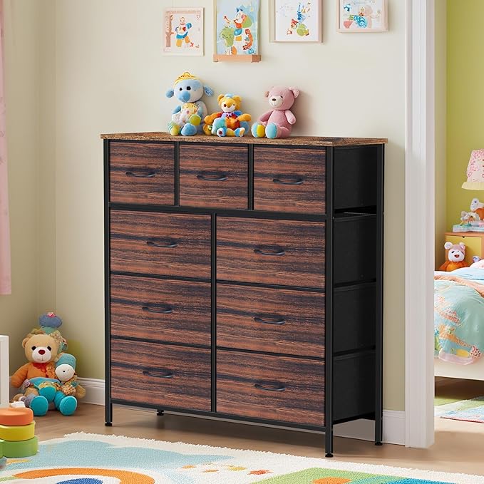 Dresser for Bedroom with 9 Drawers, Chest of Drawers, Storage Drawers Organizer Unit, Black Wide Fabric Dresser with Fabric Bins for Closet, Living Room, Entryway (Brown and Rustic Brown)