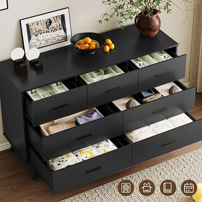 Dresser for Bedroom with 7-Drawer, 47.2" Wide Modern Chest of Drawers with Metal Handles, X-Shape Base & Adjustable Center Leg, Anti-Tip Closet Organizers and Storage