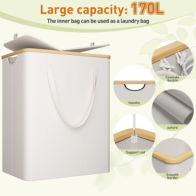 170L Laundry Hamper with Lid 3 Section, Extra Large Laundry Basket with 3 Removable Bags, Laundry Basket Organizer for Bedroom, Laundry Room, Dorm, Clothes Hamper, Beige