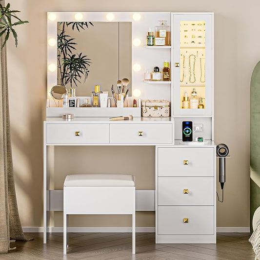 Vanity Desk with Mirror and Lights, White Makeup Vanity with 5 Drawers Hidden Jewelry Organizer& LED Glass Cabinet,3 Light Mode and Brightness Adjusted,Vanities Mirror with Lights Desk and Chair