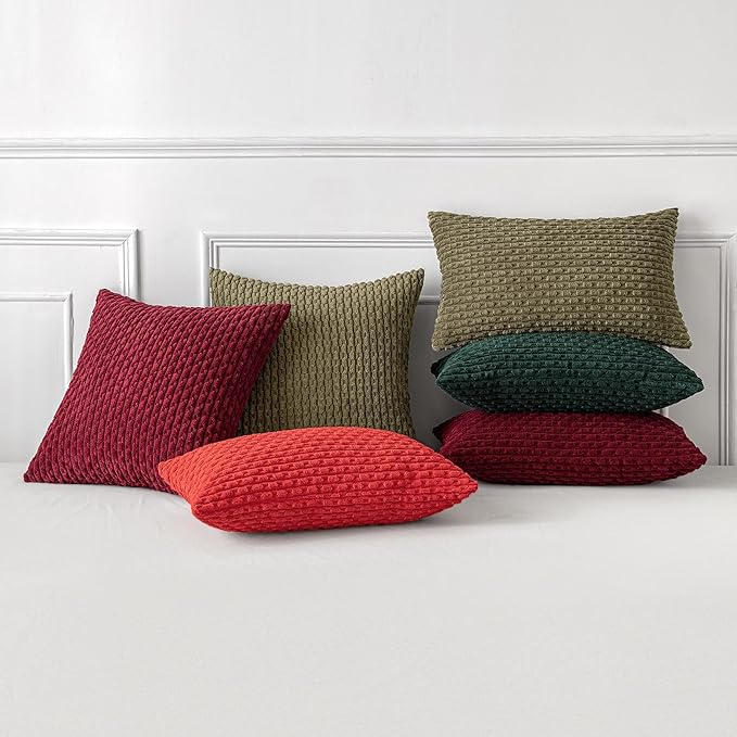 MIULEE Throw Pillow Covers Soft Corduroy Decorative Set of 2 Boho Striped Pillow Covers Pillowcases Farmhouse Home Decor for Couch Bed Sofa Living Room 20x20 Inch Olive Green