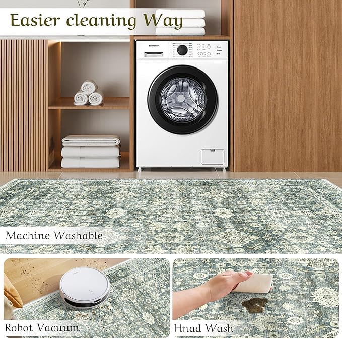 HOMFINE Machine Washable Rug 5'x7' - Vintage Design Area Rugs with Non Slip Rugs for Living Room Bedroom Floral Print Rug Carpet Stain Resistant, Home Decor Office Area Rug, Green
