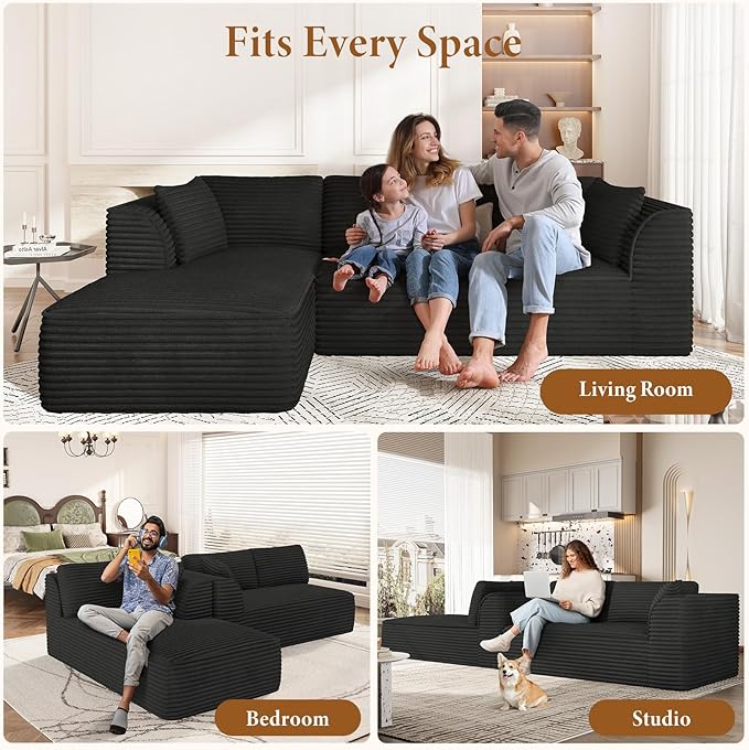 Vesgantti 106" Boneless Couch with Chaise, Deep Seat Comfy Cloud Modular Sofa Corduroy Memory Foam Sectional Couches for Living Room Bedroom, No Assembly Required (Black, Left-Facing Chaise)